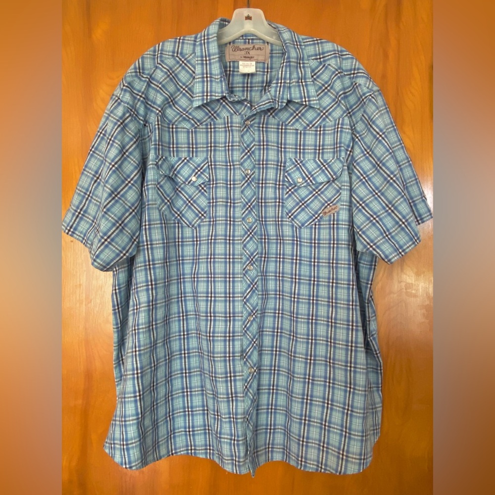 Mens Wrancher Wrangler 3X Short Sleeve Blue Mint Plaid Pearl Snap Western Shirt‎